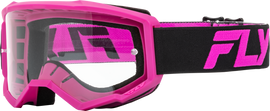 Fly Racing Focus motocross goggles in black and pink with clear lens, featuring adjustable strap and foam padding for comfort.