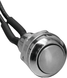 HardDrive Mini Push Button Switch in chrome finish, compact switch with push button for electronic projects and control panels.