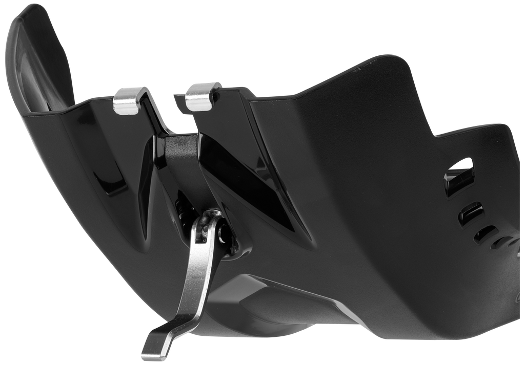 Black Polisport Plastics Fortress skid plate for Husqvarna and KTM dirt bikes, made of durable plastic, with mounting points visible.