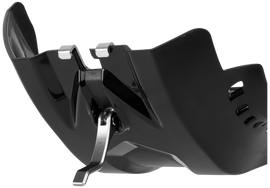 Black Polisport Plastics Fortress skid plate for Husqvarna and KTM dirt bikes, made of durable plastic, with mounting points visible.