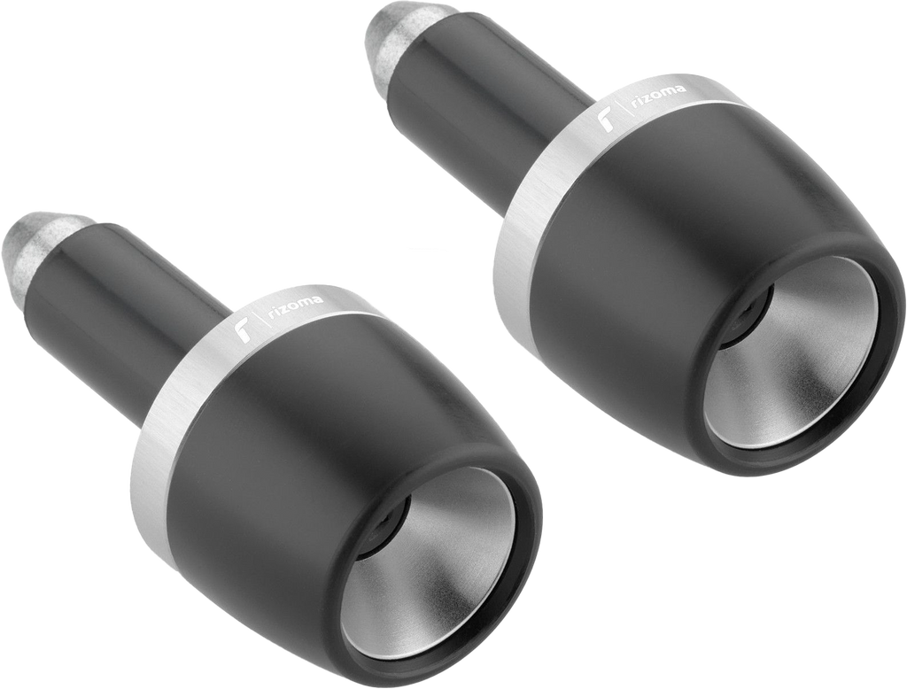 Pair of silver RIZOMA bar ends with sleek design, suitable for motorcycle handlebars, featuring polished metal finish.