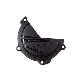 Polisport Plastics black clutch cover protector for Gas, Husqvarna, KTM motorcycles, model 64-849901, shown on bike engine.