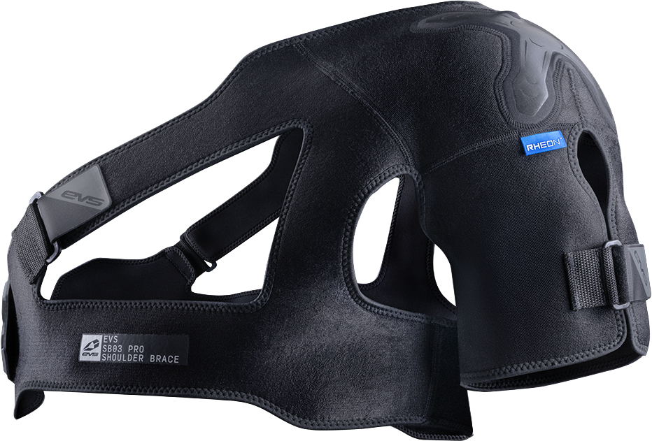 Black EVS SB03 Pro Shoulder Brace in large size with adjustable straps and supportive design for shoulder stabilization.