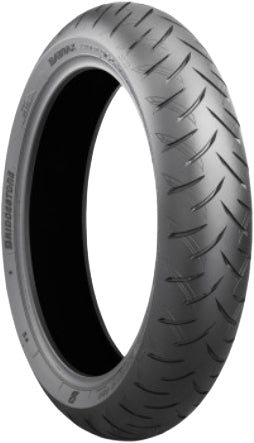 Bridgestone Battlax SC2 motorcycle front tire 120/70R14 55H radial tubeless for sport bikes, showing tread pattern and sidewall design.