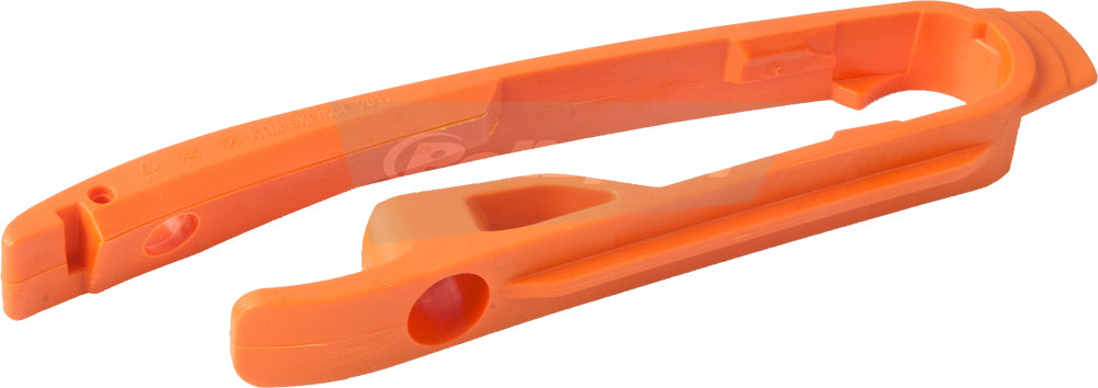 Polisport Plastics orange 2-stroke chain slider drive component for motorcycle, with detailed design and branding visible.