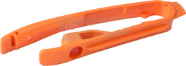 Polisport Plastics orange 2-stroke chain slider drive component for motorcycle, with detailed design and branding visible.