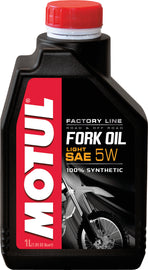 Motul Factory Line Fork Oil 5W, 1L bottle, part of 12-pack case, used for motorcycle suspension maintenance, chemical product