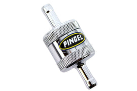 Chrome Pingel inline fuel filter for fuel and air systems, showing the compact, polished metal filter with inlet and outlet ports.