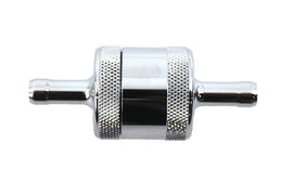 Chrome Pingel inline fuel filter for fuel and air systems, showcasing a sleek, polished metal filter with attached hoses.