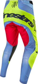 Alpine Star Techstar Ocuri motorcycle pants in light blue, yellow fluorescent, and red, size 28, with sporty design and branding details.