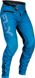 Fly Racing Youth Rayce bicycle pants in blue, size 18, featuring lightweight, durable fabric and adjustable waistband for kids.
