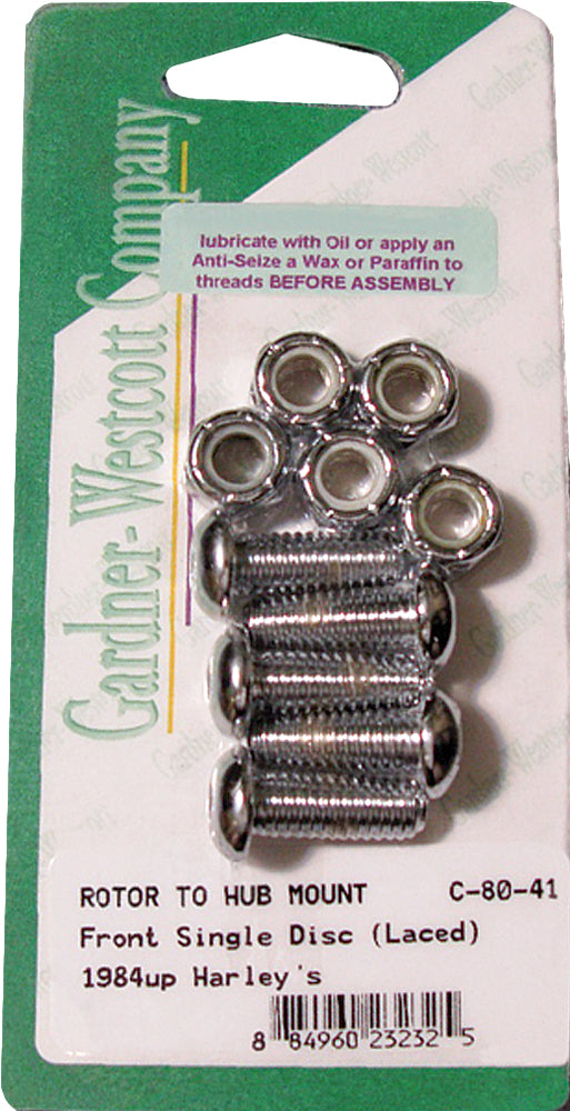 Gardner-Westcott front brake rotor Allen bolts for 1984-up laced wheels, showing the hardware and mounting details.