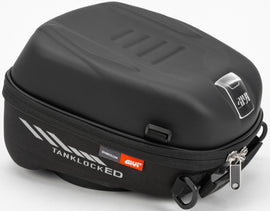 GIVI Tanklocked 5L lockable tank bag for motorcycles, shown attached to bike's fuel tank, with secure zipper and durable design.