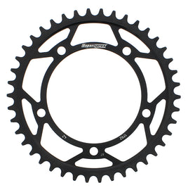 Steel 42-tooth Supersprox rear sprocket for Suzuki GSX-R750 motorcycle, black finish, compatible with 525 chain.