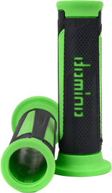 Pair of DOMINO RACING A350 Turismo grips in anthracite and green, designed for motorcycle handlebars.