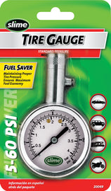 Slime chrome tire pressure gauge with dial and bleed valve, measuring 5-60 PSI, used for checking and adjusting tire pressure.