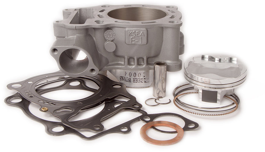 Cylinder Works engine cylinder kit with 66mm bore, standard size, and 11.7:1 compression ratio, showing the polished cylinder components.