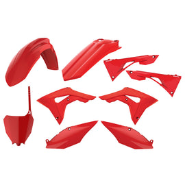 Polisport Plastics red plastic body kit for off-road vehicles, showing the assembled panels and design details.