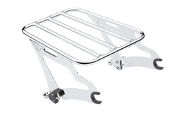 Chrome Cobra detachable luggage rack with chrome finish, designed for Flh and Flt models, shown mounted on motorcycle.