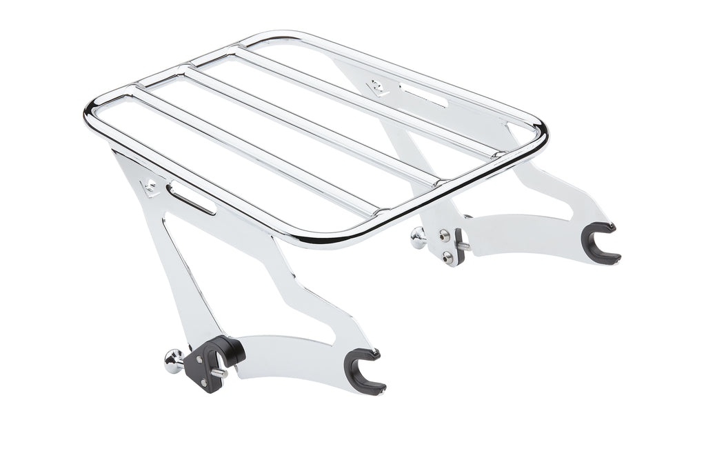 Chrome Cobra detachable luggage rack for FLH/FLT motorcycles, showing the sturdy metal construction and mounting hardware.