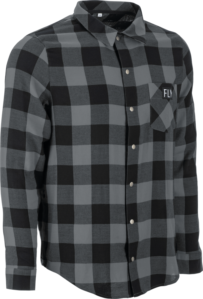 Fly Racing Fly Tek Flannel in black and grey, casual shirt with a button-up design and plaid pattern.