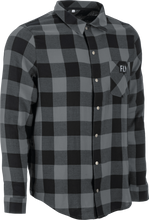 Load image into Gallery viewer, Fly Racing Fly Tek Flannel in black and grey, casual shirt with a button-up design and plaid pattern.