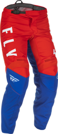 Fly Racing F-16 motocross pants in red, white, and blue with size 32, featuring durable fabric and sporty design.