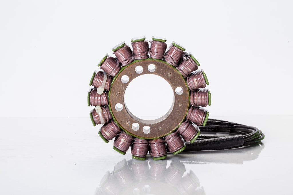 Ricks Motorsport Electric Stator 27-21414H for motorcycle electrical systems, shown with mounting points and wiring connector.