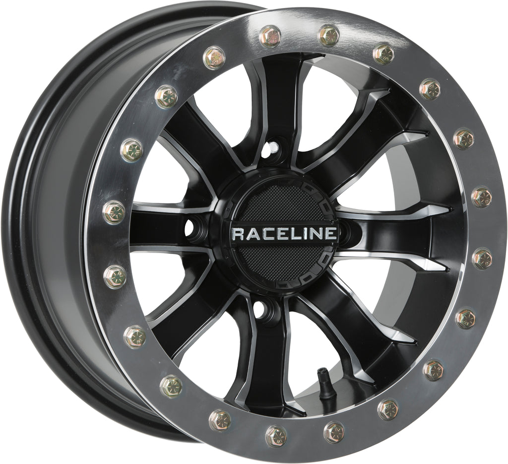 Raceline Mamba BDLK wheel for Polaris RZR, 12x7 inch black and machined finish, 4/156 bolt pattern, 4+3 offset (+5mm).