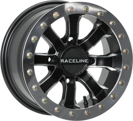 Raceline Mamba BDLK wheel for Polaris RZR, 12x7 inch black and machined finish, 4/156 bolt pattern, 4+3 offset (+5mm).