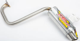 Pro Circuit P/C T-4 exhaust system with spark arrestor installed on a motorcycle, showcasing the exhaust pipe and mounting hardware.