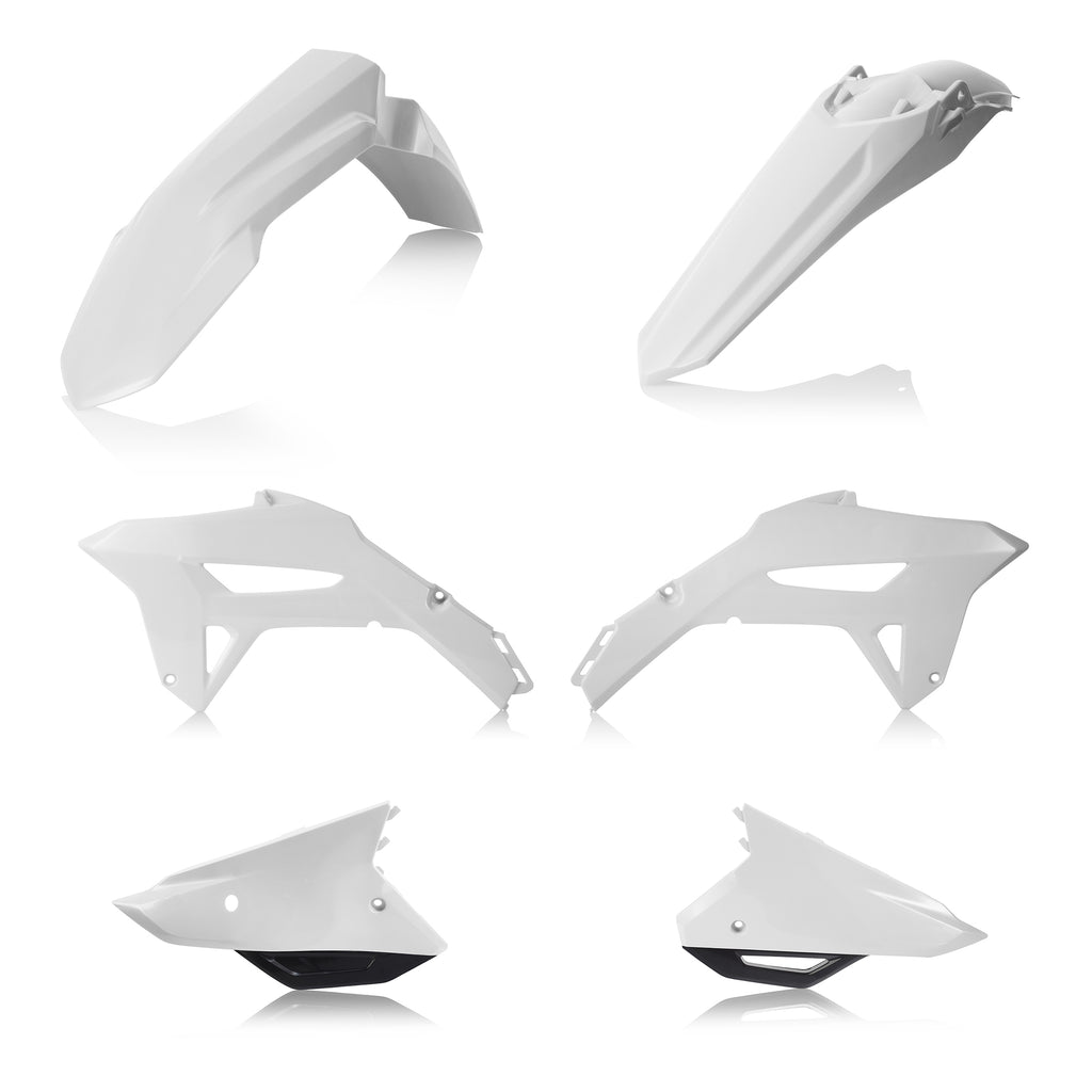 Acerbis plastic kit in white and black with brand logo, featuring various plastic components for motorcycle or dirt bike repair.