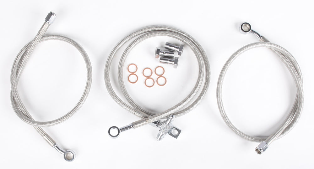Streamline front brake line with three hydraulic lines for Yamaha motorcycles, featuring durable fittings and high-quality construction.