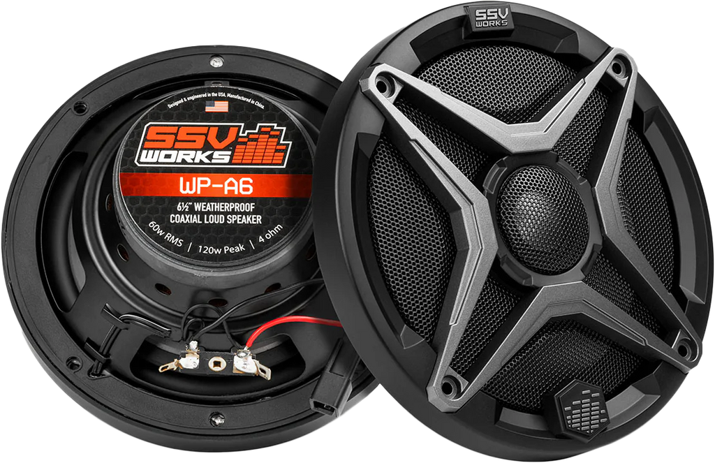 SSV Works A-Spec 6.5-inch 2-way speakers for audio systems, showing black speaker cones with mounting brackets.