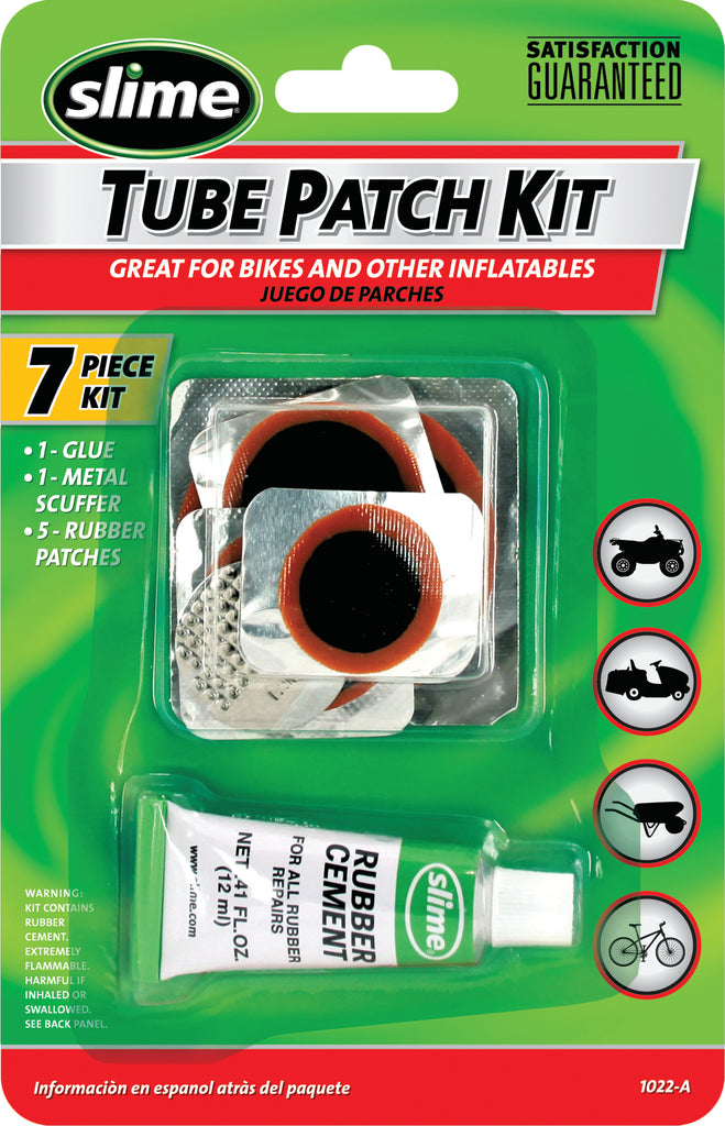 Slime Rubber Patch Kit for tire and wheel repairs, featuring patches and tools for quick, effective puncture fixes.