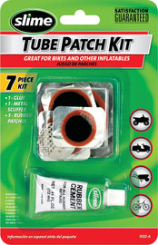 Slime Rubber Patch Kit for tire and wheel repairs, featuring patches and tools for quick, effective puncture fixes.