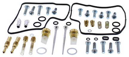 All Balls bike carburetor rebuild kit with gaskets and components for intake and fuel system repair.