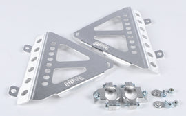 Devol Radiator Race Braces 60-5082 installed in a vehicle, showcasing sturdy metal construction and precise fit for racing applications.