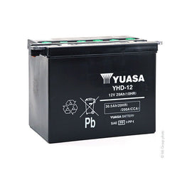Yuasa Yhd-12 conventional 12-volt automotive battery showing terminals and label for vehicle power.