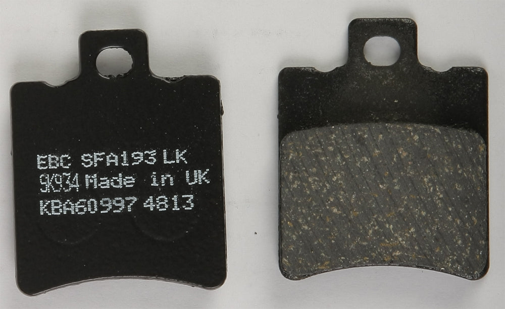 EBC Motorcycle Brakes Sfa193 organic brake pads showing the black friction material and metal backing plate for motorcycle braking systems.