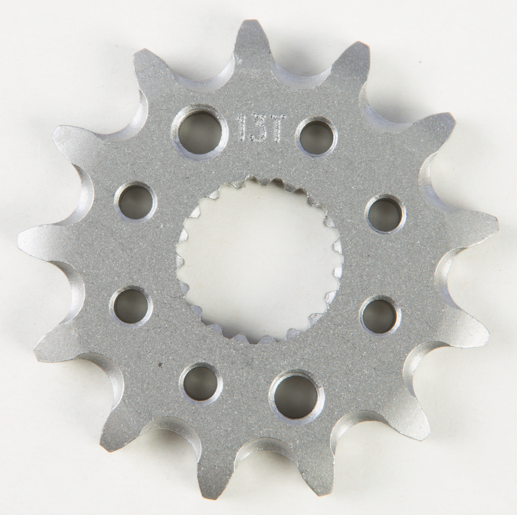 Steel Fire Power front CS sprocket, 13-tooth, 420 chain size, for motorcycle, shown with detailed gear teeth.