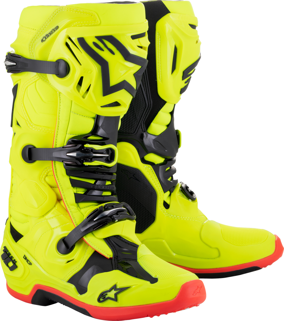 Alpine Star Tech 10 motorcycle boots in yellow fluorescent, black, and red with size 9, featuring sturdy design and protective features.