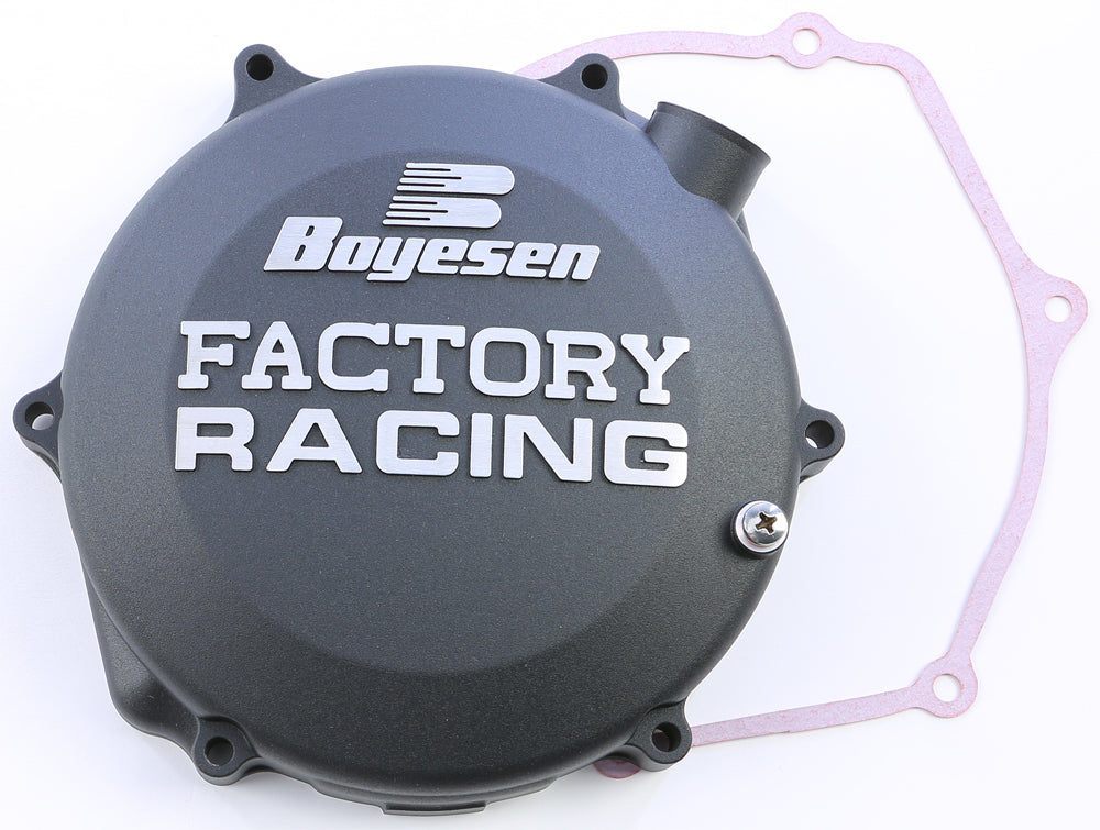 Boyesen Factory Racing Clutch Cover in black for 36cc engine, designed for durability and performance in racing applications.