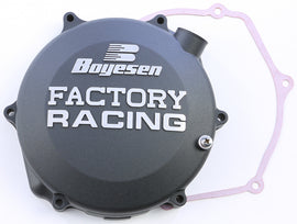 Boyesen Factory Racing Clutch Cover in black for 36cc engine, designed for durability and performance in racing applications.