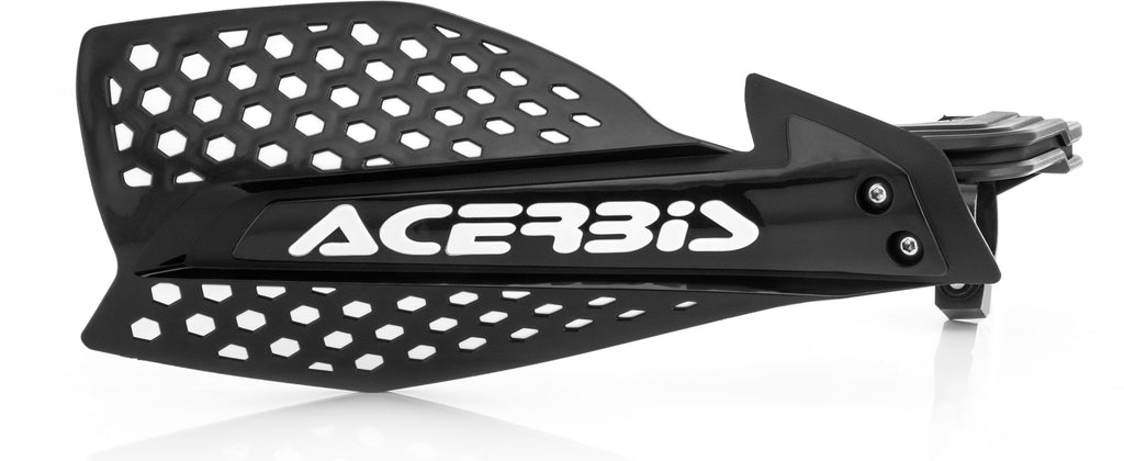 Acerbis Ultimate X handguard in black and white with mounting hardware, designed for motorcycle protection.