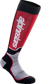 Alpine Star MX Plus Socks in black, grey, and red, size large, featuring moisture-wicking fabric and cushioned support for motocross riding.