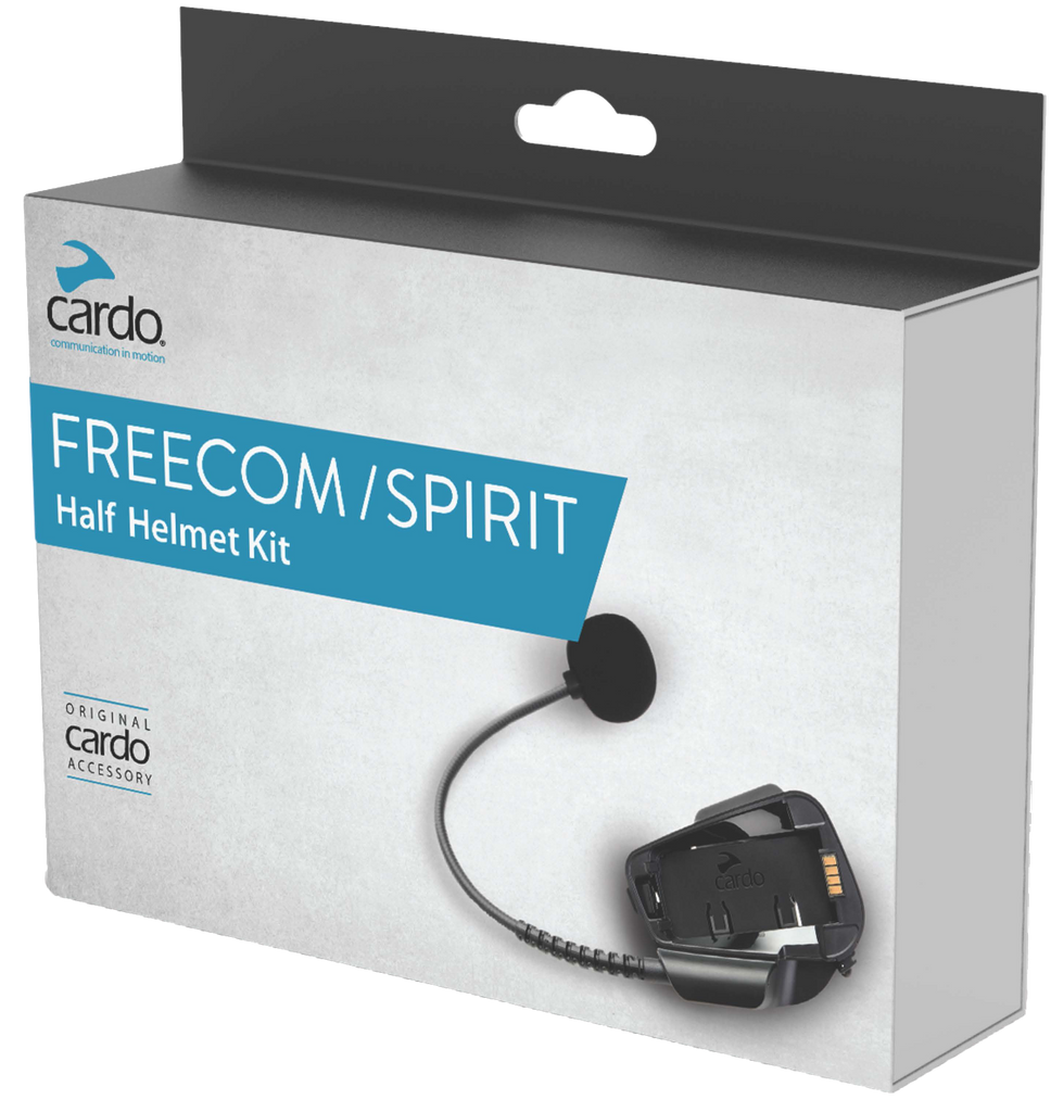 Cardo Systems Freecom-X/Spirit half helmet communication kit with audio and visual components for motorcycle riding.