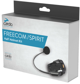 Cardo Systems Freecom-X/Spirit half helmet communication kit with audio and visual components for motorcycle riding.