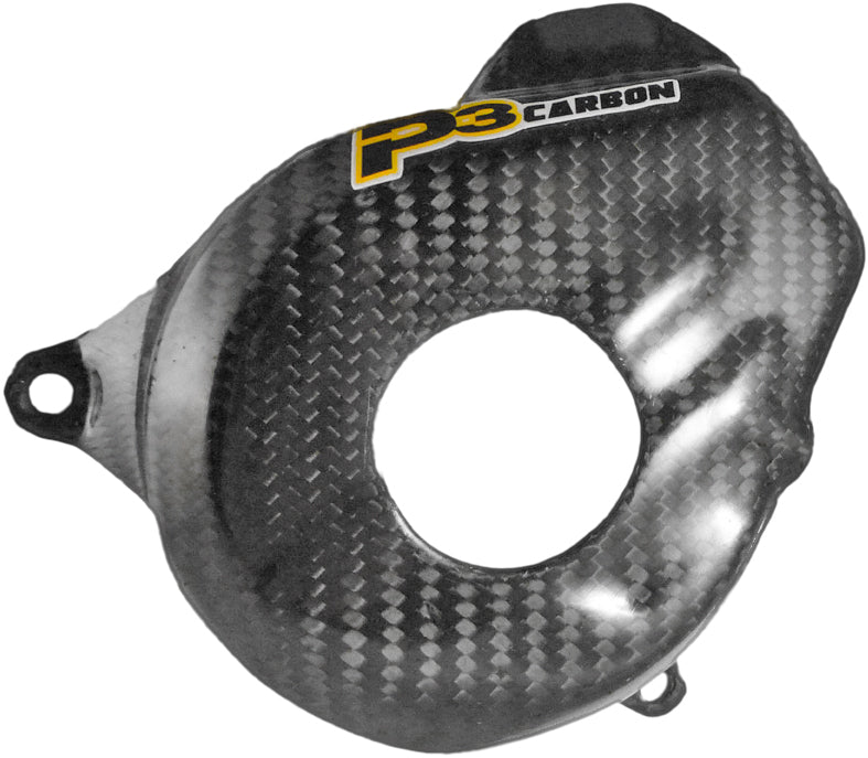 P3 Carbon Fiber Ignition Cover for KTM 450SXF and XC models, showcasing sleek black carbon fiber body with branding accents.