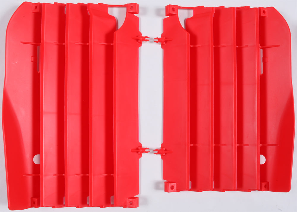 Red Polisport Plastics radiator louvers for motorcycle, featuring durable plastic design with vented slats for cooling.